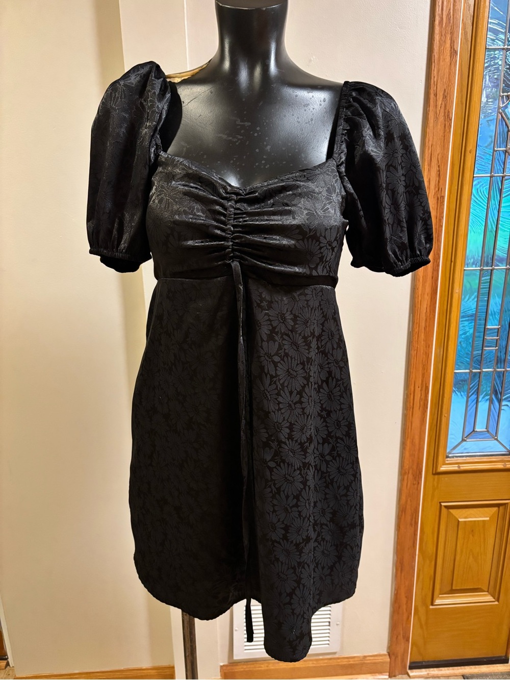 Black Puff-Sleeve Ruched Mini Dress with Floral Jacquard